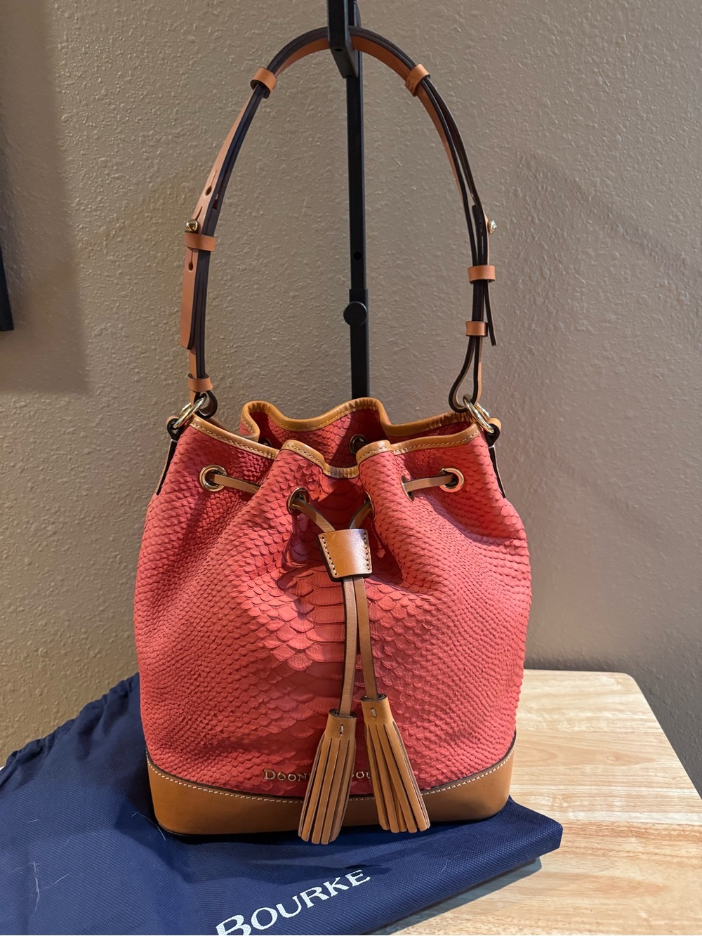 Dooney & Bourke Coral Embossed Leather Drawstring Bag with Tan Leather Trim
